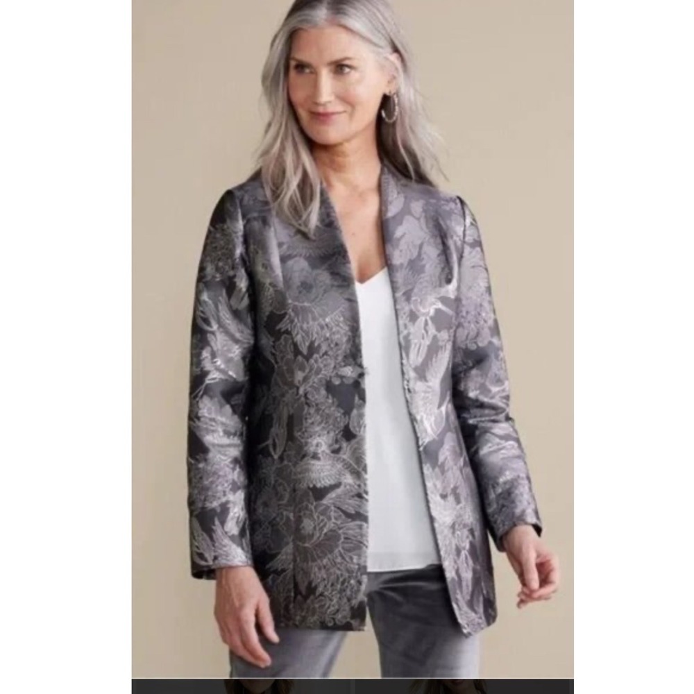 Soft Surroundings Blazer Women Small Silver Floral Metallic Brocade Frog Closure